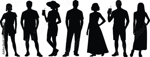 Silhouettes of casually dressed people standing in a row, showing diverse summer fashion and relaxed postures for design use