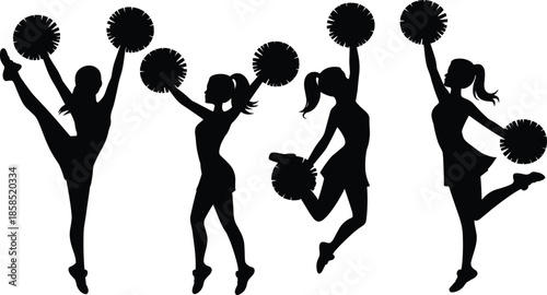 Silhouettes of cheerleaders in energetic poses with pom-poms, showcasing spirit, motion, and athleticism for sports and celebration design