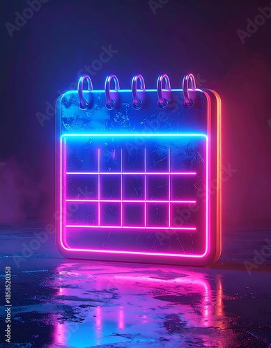Neon calendar icon against a dark background, vibrant, futuristic