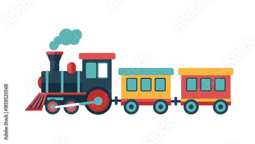 Flat Cartoon Train with Passenger Carriages Illustration on White Background