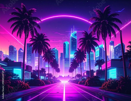 Neon cityscape at sunset, palm trees lining a road towards skyscrapers