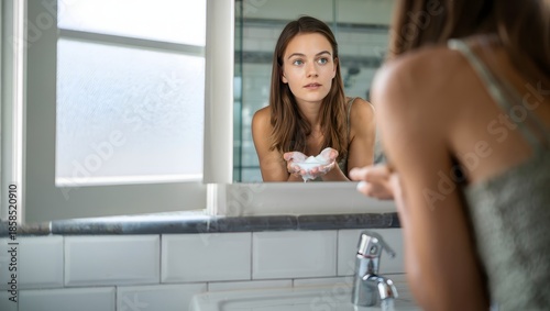 Young Woman Applying Facial Cleanser in Bathroom Mirror