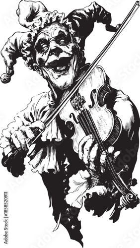 Clown playing a violin in a black and white sketch style. Unique character set captures an eerie expression, perfect for vector illustration.