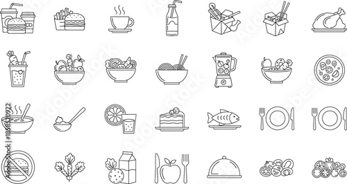 Outline Vector Icon Set Representing Nutrition Healthy Dining Professional Food Service Culinary Arts Meal Preparation and Dietary Wellness Concepts