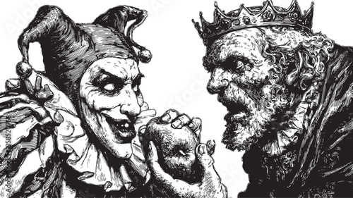 Jester and king illustration in black and white. Dramatic and expressive vector art featuring historical characters in a detailed set.