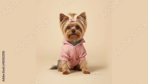 Pet dog dressed in full-body coveralls, highlighting sanitation and health maintenance, ideal for pet care environments