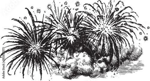 Vintage fireworks exploding in the sky. Black and white vector illustration set featuring classic bursts and sparks amidst clouds.