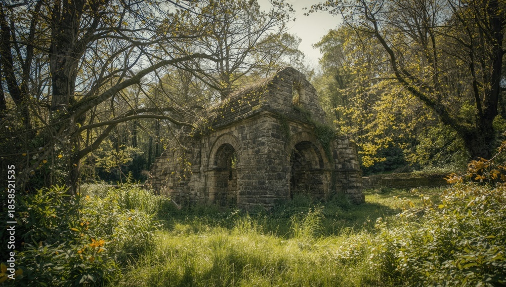 Obraz premium Ancient stone ruins surrounded by lush environment bathed in sunlight, highlighting erosion and preservation concerns