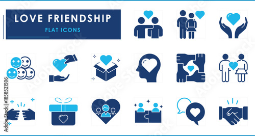 A set of flat icons related to Love, friendship, and care. Community, family, lovers, couple, friends, handshake, happy, caregiver, and so on.
