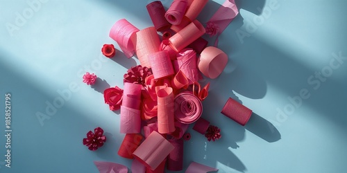 Close-up of pink, red, and vinous crepe paper rolls arranged on a blue table, serving as a background for festive designs