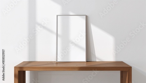 Simple aesthetic poster display on table against white wall, contemporary interior setting for visual presentation, World Art Day