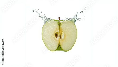 Green apple half with juice splashing and droplets, illustrating hydration and refreshment, World Hydration Day #1858522369