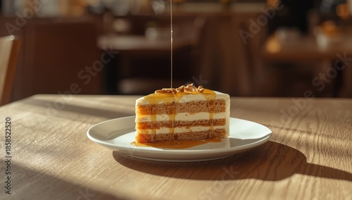 Slice of sweet honey cake with multiple layers, dessert preparation and texture