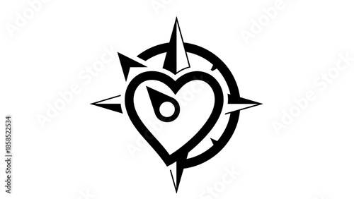 Stylized black and white graphic combining a heart shape with a compass rose and needle, symbolizing love, direction, and guidance.