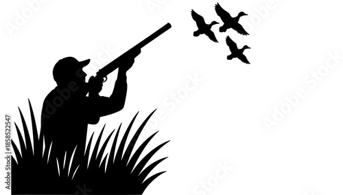Duck hunter aiming shotgun at birds in flight over grass