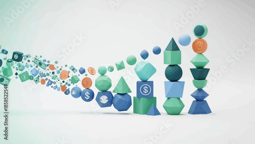 Vibrant 3D geometric shapes illustrating a dynamic upward trend, symbolizing business growth, financial success, and data visualization.