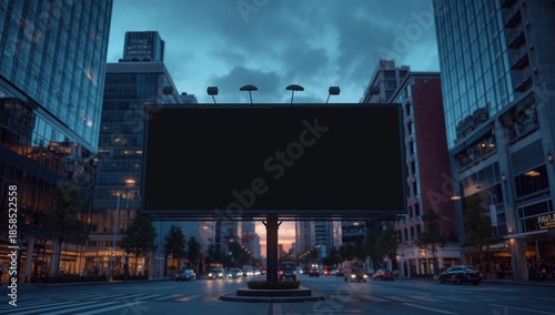 Dark billboard in an evening cityscape, suitable for background or advertising space