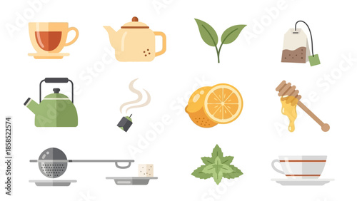 A collection of flat design icons depicting various elements associated with tea, including cups, teapots, kettle, tea bags, lemon, honey, mint, and an infuser.