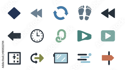 A collection of diverse flat design icons including media controls, navigation arrows, time, refresh, and other UI elements.