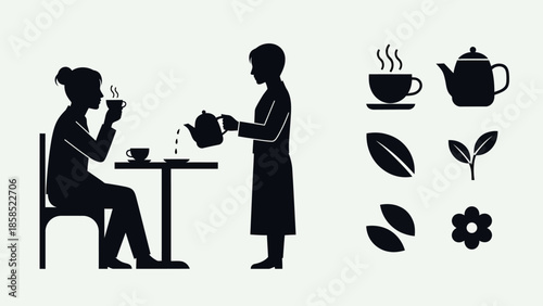 Silhouettes of people enjoying tea, with various tea-related icons like teapots, cups, and tea leaves, illustrating a tea service experience.
