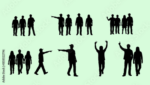 Silhouettes of diverse groups of people in various poses and actions, including pointing, waving, and walking, against a plain background.