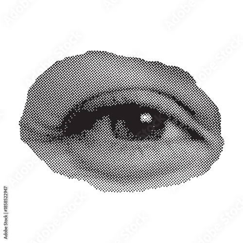 Halftone engraving of single eye looking upward. Black and white dotted pattern illustration of human vision. Retro surrealism aesthetic design element.