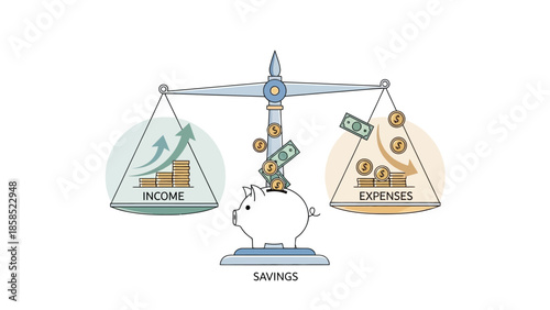 An illustration depicting a balance scale weighing income against expenses, with money flowing into a piggy bank representing savings.