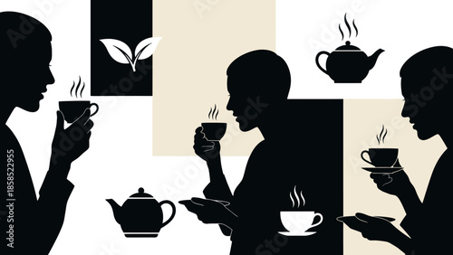 Silhouettes of people enjoying hot tea with teacups and teapots in a graphic, minimalist style, featuring a tea leaf icon.