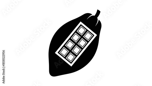 Stylized black and white icon depicting a cocoa pod with a chocolate bar embedded inside, symbolizing the origin and product of cacao.
