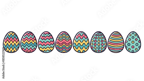 A delightful collection of eight vibrant, hand-drawn vector Easter eggs, each adorned with unique zig-zag, wavy, and polka dot patterns in cheerful colors