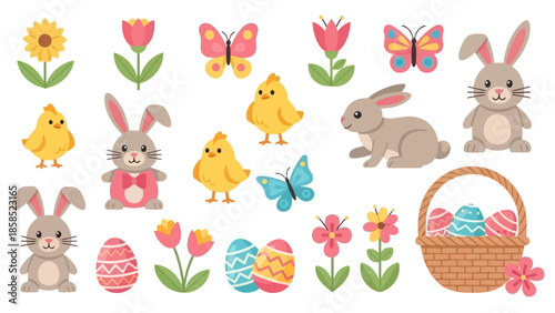 Whimsical Easter Elements Bunnies, Eggs, Flowers, Butterflies, and Chicks Vector Set