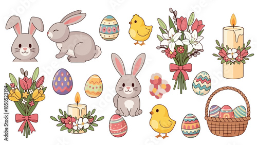 Happy Easter! Collection of Cute Bunnies, Chicks, Decorated Eggs, Flowers, Candles, and a Basket