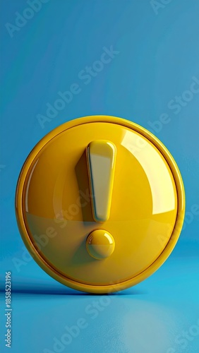 Yellow Exclamation Mark Icon on Blue Background, 3D Rendered Warning Symbol.