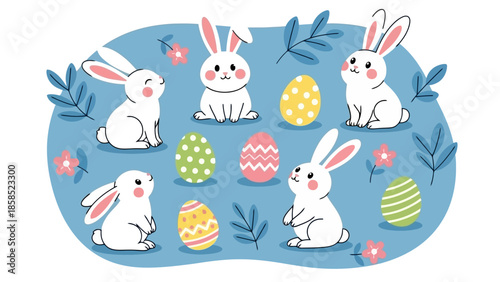Charming Easter illustration with adorable bunnies and colorful decorated eggs set against a soft blue background with floral accents