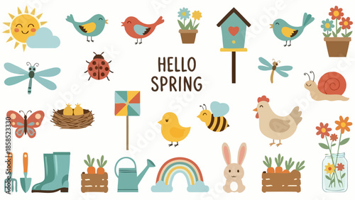 Spring Vector Illustration Set with Birds, Insects, and Flowers