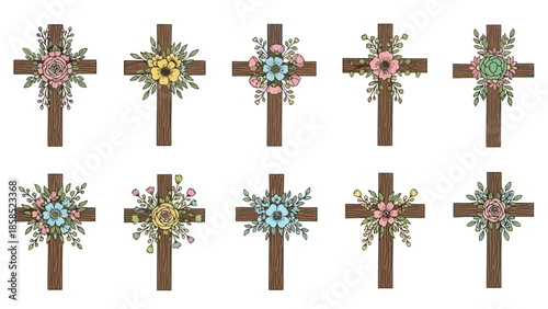 Collection of Wooden Crosses Adorned with Vibrant Floral Arrangements, Perfect for Religious or Springtime Themes