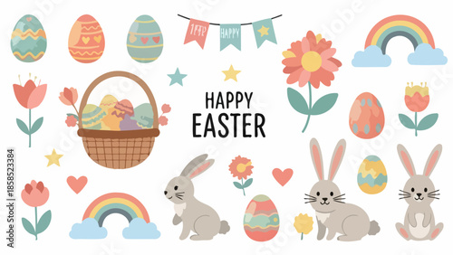 Happy Easter graphic design with bunnies, eggs, flowers, and rainbows, perfect for festive celebrations and greeting cards