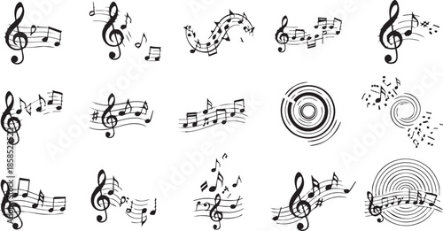 Collection of black and white musical notes, treble clefs, and staves arranged in various flowing and swirling graphic designs.