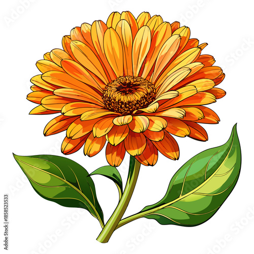Orange Calendula Marigold Flower with Green Leaves