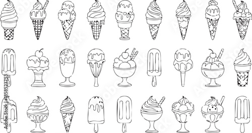 A collection of hand-drawn black and white line art illustrations featuring various types of ice cream, including cones, sundaes, milkshakes, and popsicles.