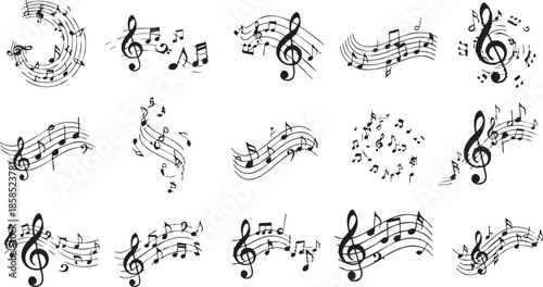 Multiple black musical notes, staves, and treble clefs arranged in various dynamic and flowing patterns on a white background.