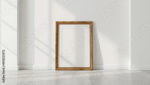 Wooden brown frame resting on the floor near a white wall, used as a display or decorative element, World Art Day