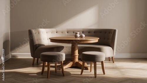 Triangular seating arrangement around a circular table, suitable for team discussions, workplace environment