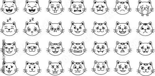 A collection of cute cartoon cat faces displaying a wide range of emotions and expressions in simple black and white line art.