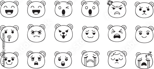 A collection of various cartoon bear faces expressing a wide range of emotions and feelings, depicted as black and white line art emojis.