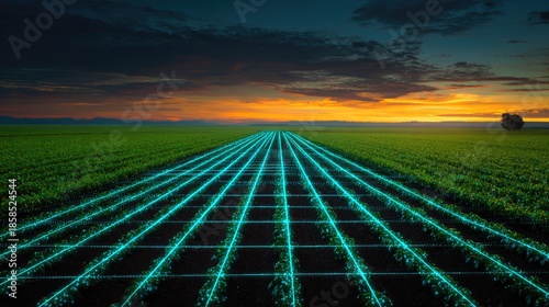 Digital Smart Agriculture Field with Data Grid and Precision Farming Technology at Sunset