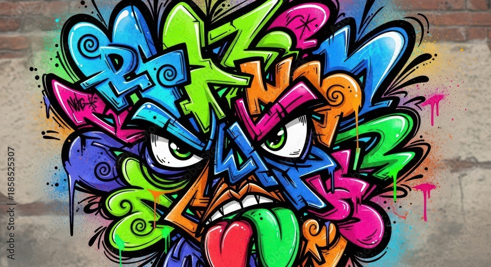 Fototapeta premium Vibrant, stylized illustration of an aggressive cartoon face created from layered graffiti lettering over a textured wall background