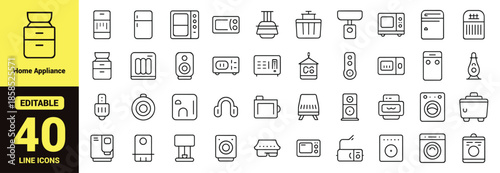 Set of Minimalist Home Appliance Line Icons Featuring Kitchen Electronics, Laundry Machines, Refrigerator, Microwave, and Household Tools