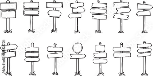 Hand-drawn cartoon vector illustration set of various blank wooden signposts and road signs, isolated on white background.