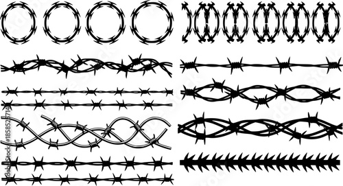 Razor wire silhouettes. Barbed wire metallic border elements, sharply barb wire fencing vector symbols set. Prison barbed wire